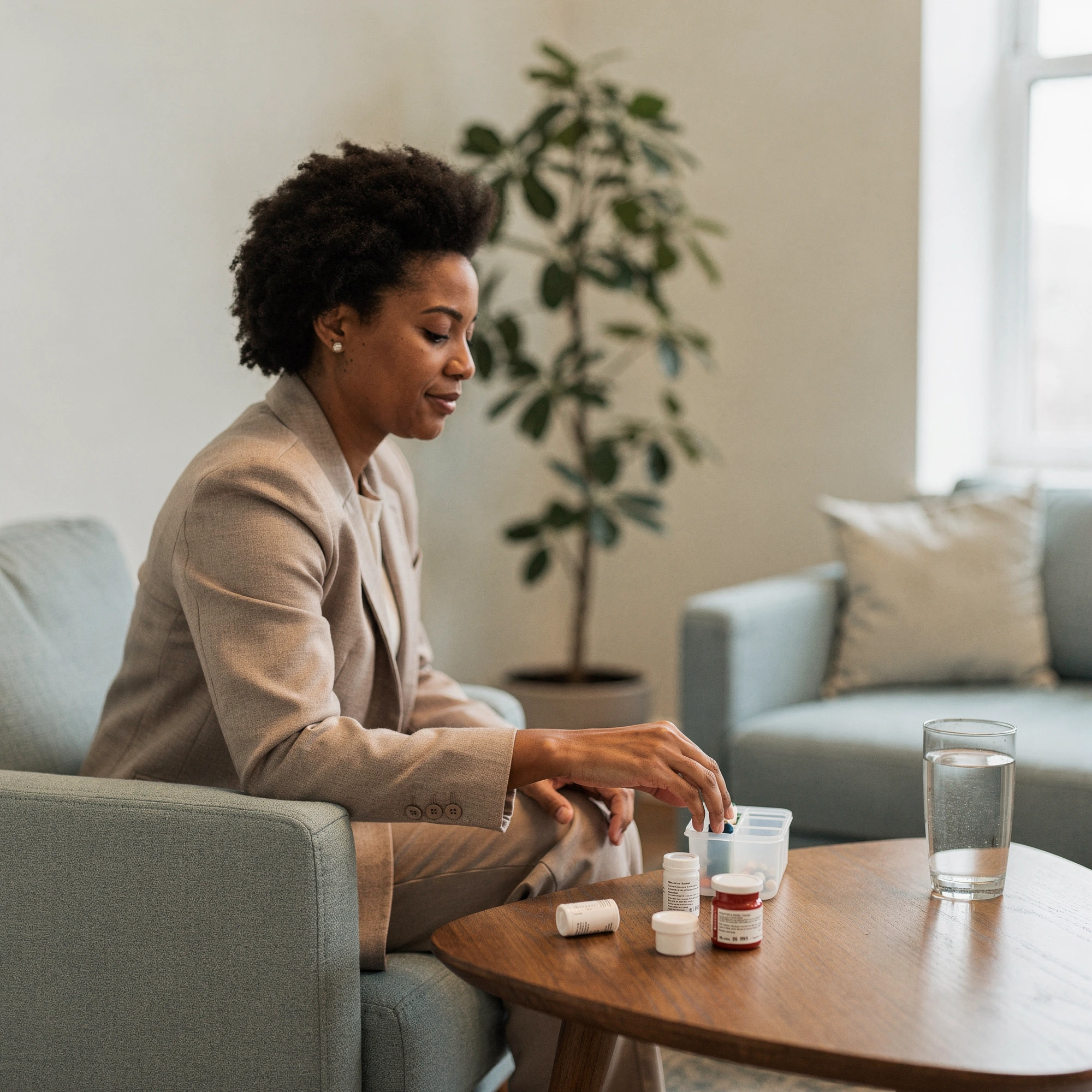 Woman reaching for medication bottles at a table – medication management in Bala Cynwyd, PA
